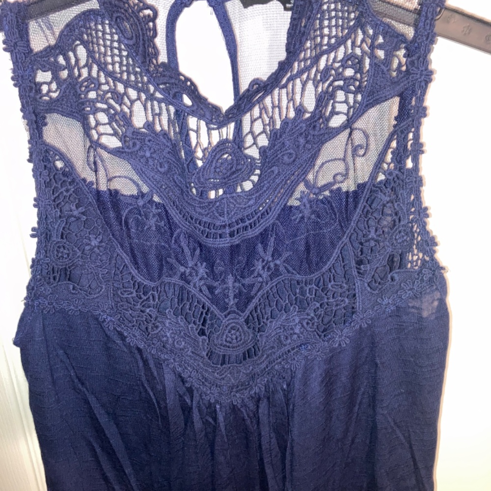 Navy Lace High Neck Sleeveless Dress shirt - Picture 3 of 4